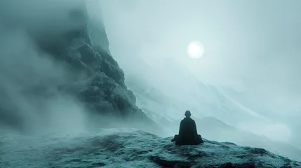 Foto op Plexiglas Monk meditating on the foggy mountain © Susca Life