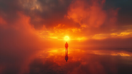 Man waching the sunrise in the lagoon - obrazy, fototapety, plakaty