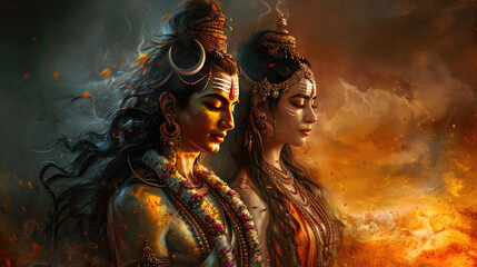 Shiva and parvati facing fire in meditative abstract art concept