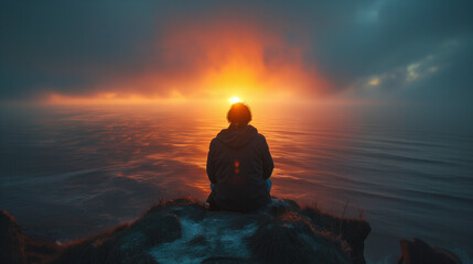 Person meditating on the beach in sunrise