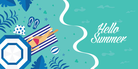 A girl is sunbathing on the seashore under an umbrella. Summer vacation. Vector illustration