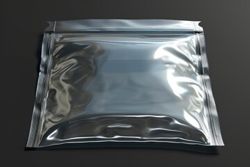 A silver foil bag placed on a black surface. Ideal for product packaging or promotional materials