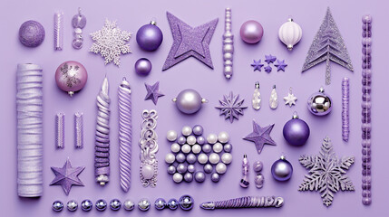 Whimsical Christmas Flat Lay with Sparkling Toys on a Lavender Background - Top View Composition for Festive Text and Promotional Content