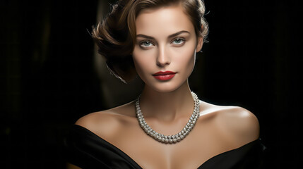 Portrait of a beautiful young woman in black dress with pearl necklace looking at camera