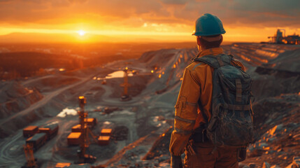 Homme btp sur un chantier de dos, avec un coucher de soleil
