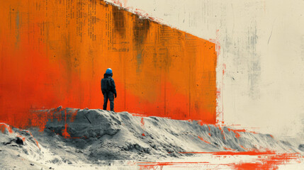 Homme btp sur un chantier de dos, avec un coucher de soleil