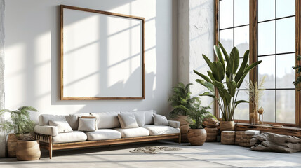 cadre blanc vide accroché à un mur blanc dans une pièce chaleureuse et douce avec du bois
