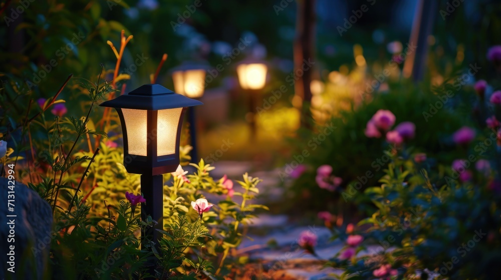 Poster a pathway with a lamp in the middle. suitable for outdoor and garden themes
