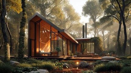 Fototapeta premium Elegant little house in forest in tall pine trees, cozy wood terrace, in the style of wood walls and glass, minimalistic and clean, in the style of luxurious geometry