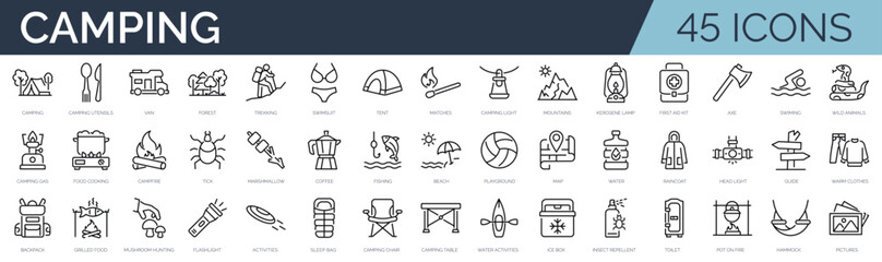 Set of 45 outline icons related to camping. Linear icon collection. Editable stroke. Vector illustration - obrazy, fototapety, plakaty