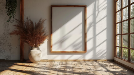 cadre blanc vide accroché à un mur blanc dans une pièce chaleureuse et douce avec du bois - obrazy, fototapety, plakaty