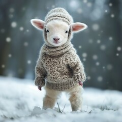 baby sheep in the snow with a cap and a scarf 