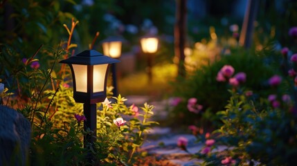 A pathway with a lamp in the middle. Suitable for outdoor and garden themes - Powered by Adobe