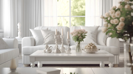 A vase of fresh flowers on a white table in the living room.