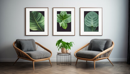 Sleek living room design with botanical framed art and wooden furniture