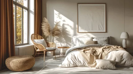Fotobehang cadre blanc vide accroché à un mur blanc dans une pièce chaleureuse et douce avec du bois © jp