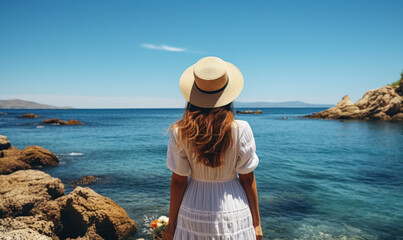 Back view of a Woman in white dress and straw hat standing on a rocky shore, gazing at the tranquil blue sea on a sunny day, embodying summer tranquility and travel escape