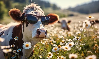 Selbstklebende Fototapeten Humorous portrait of a happy cow with sunglasses in a sunny field of daisies, representing joy, summer vibes, whimsy in nature, and a carefree attitude in rural life © Bartek