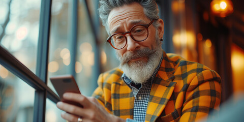 Älterer Mann mit Smartphone in der Hand | Stadtleben - obrazy, fototapety, plakaty