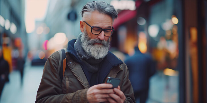&Auml;lterer Mann mit Smartphone in der Hand | Stadtleben