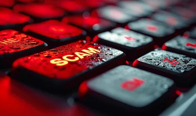 Fotobehang Close-up of a bright red 'SCAM' alert button on a computer keyboard, symbolizing the importance of cybersecurity and fraud awareness © Bartek