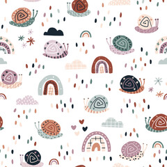 Rainbow snails in the rain seamless pattern. Summer nursery vector background in colorful trending colors. Hand-drawn childish naive illustrations in a simple Scandinavian style in a limited palette.