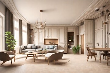 seamless panorama of living room and kitchen interior design.
