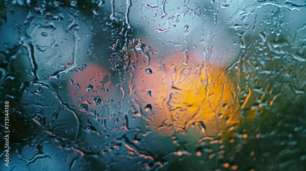 Poster Rain droplets on a windowpane, creating a blurred effect. Perfect for adding a touch of moodiness to any project