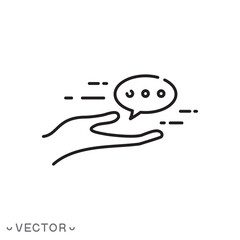 advice icon, hand with bubble speech, mentor messages, thin line symbol isolated on white background, editable stroke eps 10 vector illustration