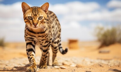 Obraz premium Young and confident Bengal cat walks towards the camera on amazing desert.