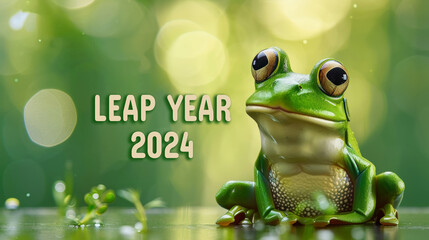 Leap Day 29 February 2024 greeting card with green frog on a water lily and text Happy Leap Day. Leap year, one extra day card