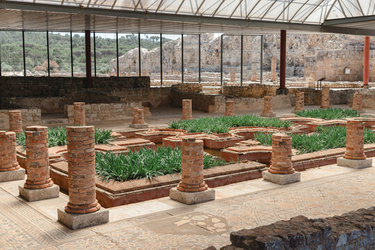 House of the fountains. Historical elements found at the site in archaeological work. Image of the Roman ruins in Conimbriga, Portugal.