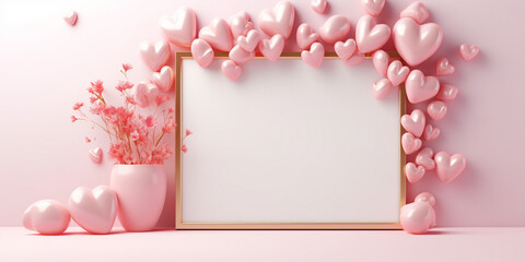 Blank frame decorated with hearts on the pink background. Concept for marketing banner, wedding greeting card, social media, Valentines Day, Birthday, Women's Day, Mother's day, beauty and fashion.