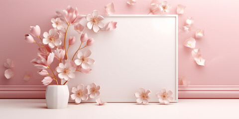 Frame and flowers on pink background. Concept for marketing banner, wedding greeting card, social media, Valentines Day, engagement, love message, celebration, beauty and fashion. 