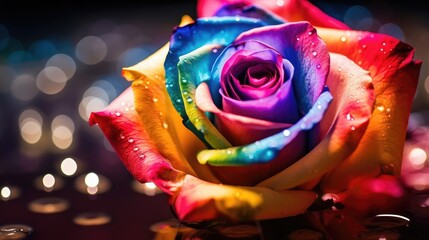 colourful rose flower in rainbow colours with blurry light bokeh background. 