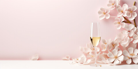 Wine glasses and flowers on pink background. Concept for marketing banner, wedding greeting card, social media, Valentines Day, engagement, birthday, love message, celebration, beauty and fashion.