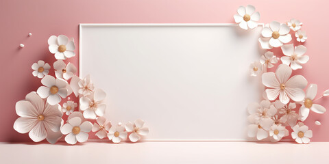 Blank frame decorated with flowers on the pink background. Concept for marketing banner, wedding greeting card, social media, Valentines Day, Birthday, Women's Day, Mother's day, beauty and fashion.