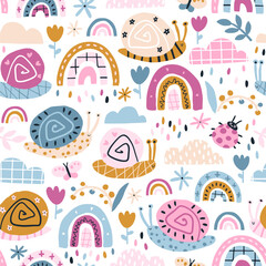 Rainbow snails in the rain seamless pattern. Summer nursery vector background in colorful trending colors. Hand-drawn childish naive illustrations in a simple Scandinavian style in a limited palette.