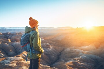 hiker overlooking a vast canyon at sunrise - obrazy, fototapety, plakaty