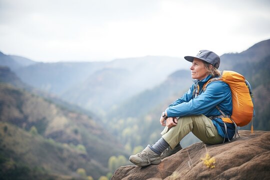 hiker resting on a boulder with canyon backdrop - Powered by Adobe