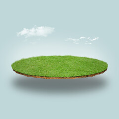 Floating slice of land with green grass surface and soil section. Flying land grass texture and empty grass field isolated. 3d rendered, isolated grass field flying in air with clouds. - obrazy, fototapety, plakaty