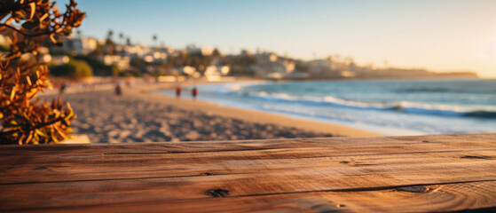 Wooden table ocean bokeh background, empty wood desk surface product display mockup with blurry sea water sunny beach abstract summer travel backdrop advertising presentation. Mock up, copy space.