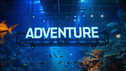 The word 'ADVENTURE' on an illuminated sign at the entrance to the underwater fantasy world