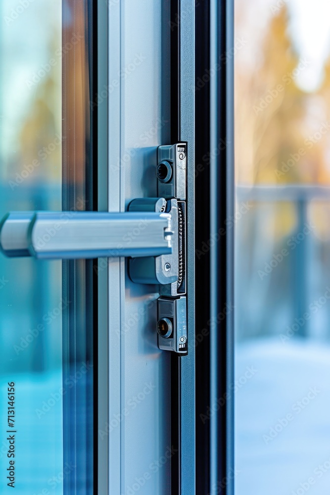 Poster A close-up view of a door handle on a glass door. This image can be used to showcase modern architecture or as a symbol of access and entry