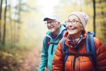 Fototapeta premium elderly duo with backpacks hiking on a forest trail