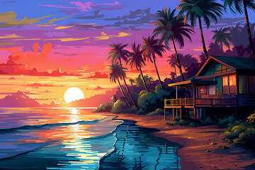 Beautiful sunset painting with boats, rivers, houses and trees. - obrazy, fototapety, plakaty