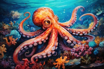 Octopus in the deep sea. Illustration of a marine life.