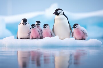Group of penguins on the ice floe with blue sky background
