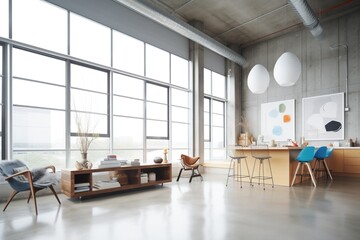 loft space with large industrial windows, concrete floor - obrazy, fototapety, plakaty