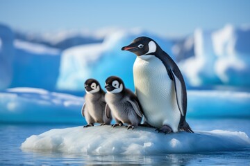 Obraz premium Group of penguins on the ice floe with blue sky background